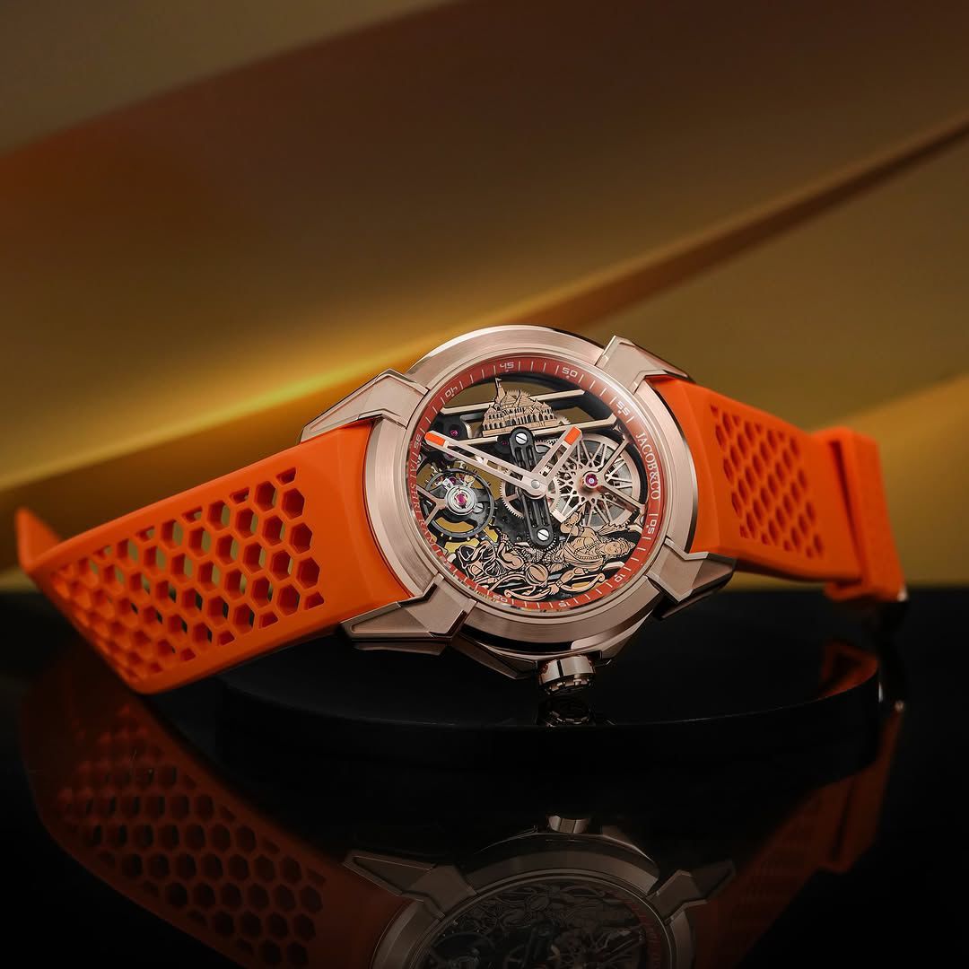 JAC_OB & CO EPIC X RAM JANMABHOOMI ROSE GOLD EDITION WATCH WITH AN ORANGE RUBBER STRAP