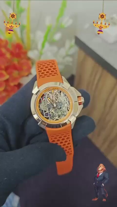 JAC_OB & CO EPIC X RAM JANMABHOOMI ROSE GOLD EDITION WATCH WITH AN ORANGE RUBBER STRAP